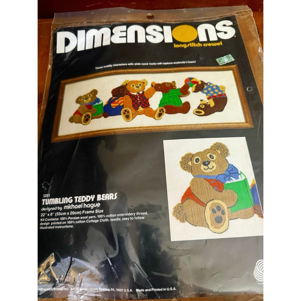 Dimensions Longstitch Crewel Kit • “Tumbling Teddy Bears” • Unopened • 1983